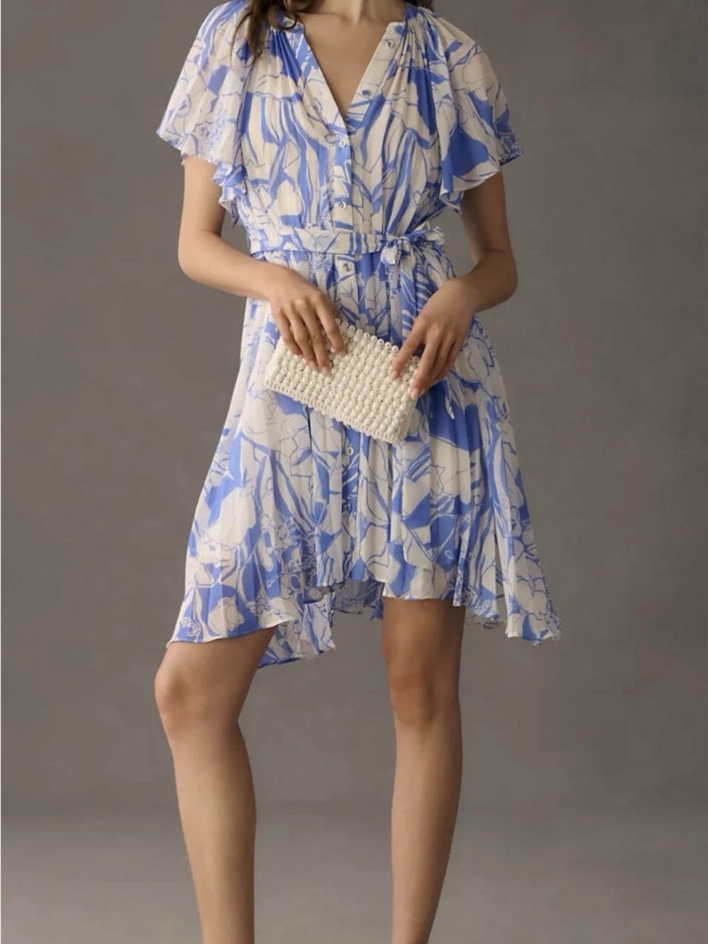 Anthropologie | V-neck Flutter Sleeve Pleated Button Abstract Mini Dress XL